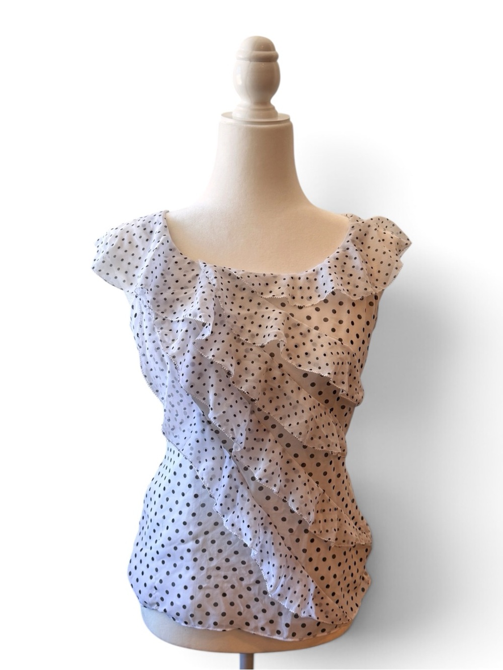 White House Black Market White Blouse with Black Polka Dots and Ruffle Front